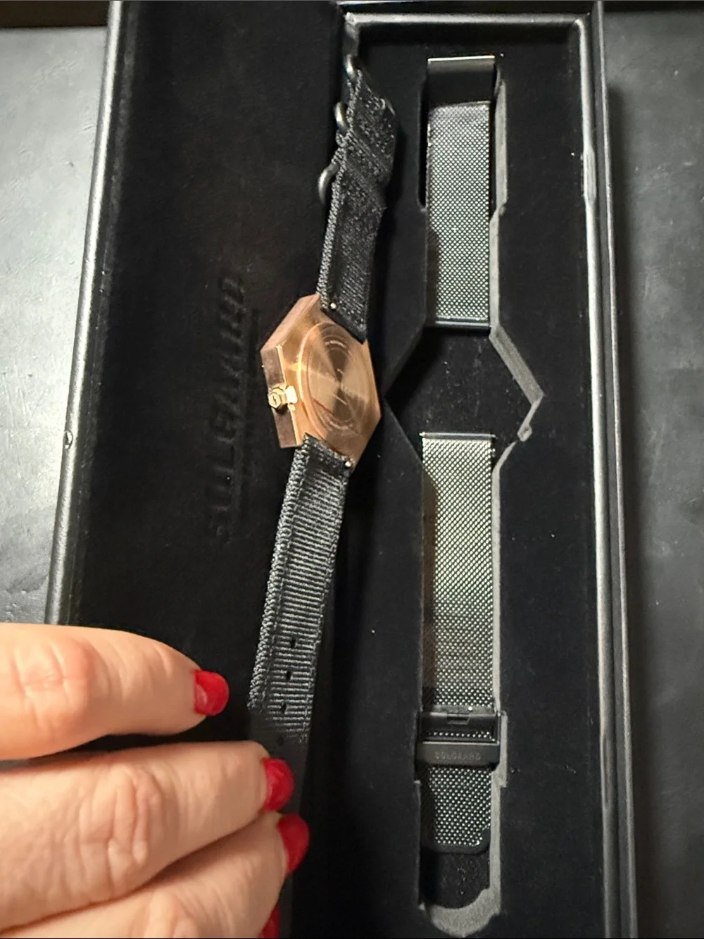 Solgaard Hexagonal Rose Gold Dial Watch with Black Nylon Strap.
